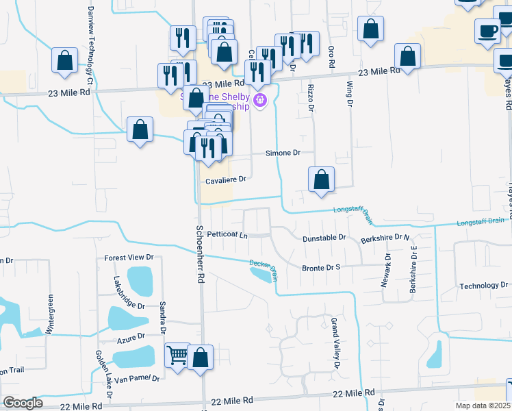 map of restaurants, bars, coffee shops, grocery stores, and more near 50175 Bronte Drive South in Macomb County