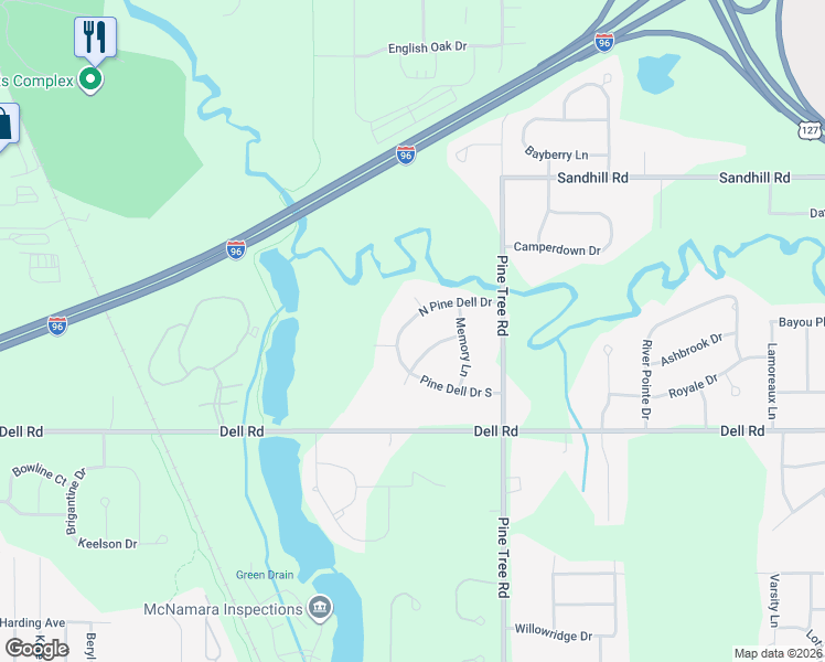 map of restaurants, bars, coffee shops, grocery stores, and more near 4103 North Pine Dell Drive in Lansing