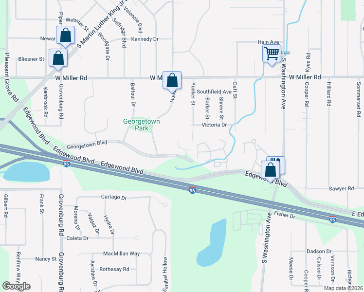 map of restaurants, bars, coffee shops, grocery stores, and more near 1400 Georgetown Boulevard in Lansing