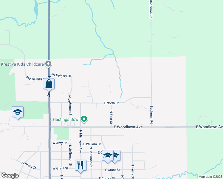 map of restaurants, bars, coffee shops, grocery stores, and more near 1633 North East Street in Hastings