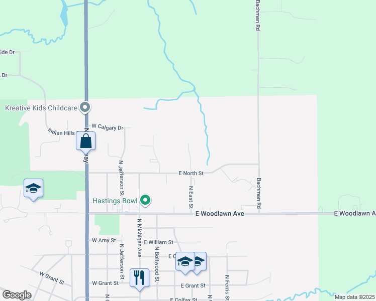 map of restaurants, bars, coffee shops, grocery stores, and more near 1633 North East Street in Hastings