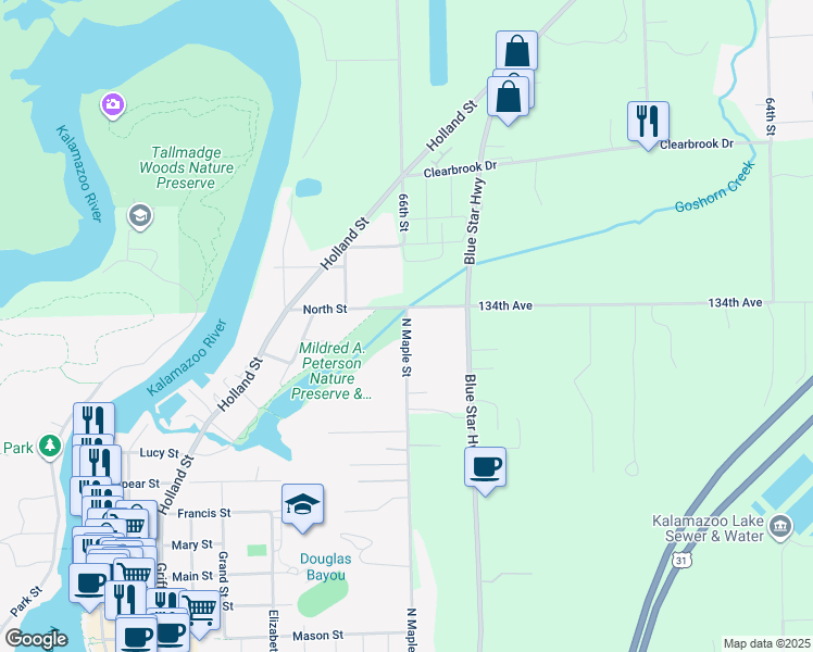 map of restaurants, bars, coffee shops, grocery stores, and more near 1037 North Maple Street in Saugatuck
