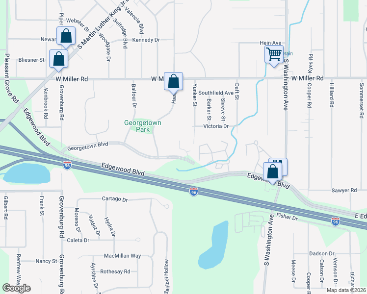 map of restaurants, bars, coffee shops, grocery stores, and more near 1400 Georgetown Boulevard in Lansing