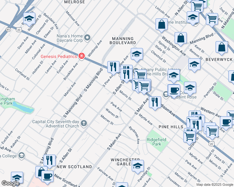 map of restaurants, bars, coffee shops, grocery stores, and more near in Albany