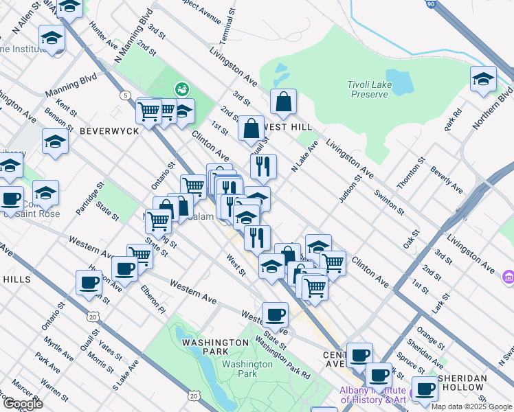 map of restaurants, bars, coffee shops, grocery stores, and more near 117 North Lake Avenue in Albany
