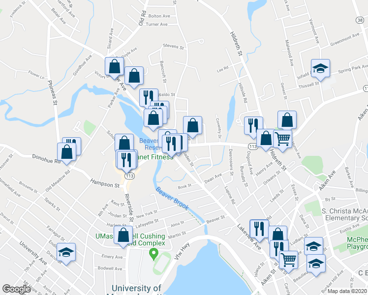 map of restaurants, bars, coffee shops, grocery stores, and more near 145 Pleasant St in Dracut