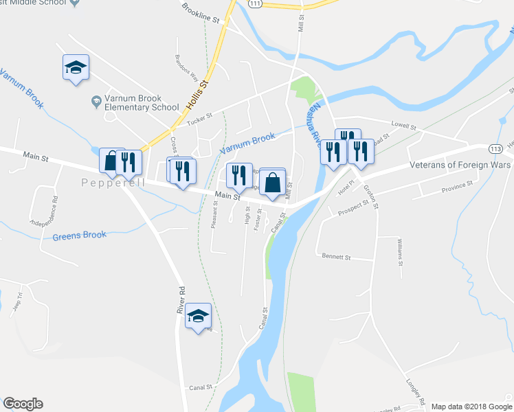 map of restaurants, bars, coffee shops, grocery stores, and more near 113-115 Main Street in Pepperell