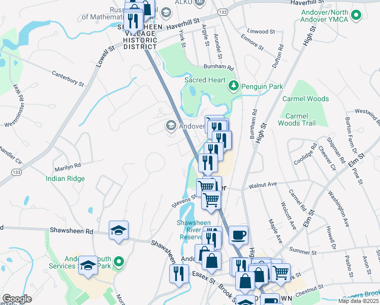 map of restaurants, bars, coffee shops, grocery stores, and more near 232 North Main Street in Andover