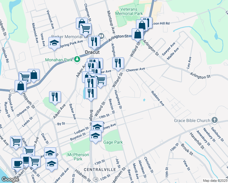 map of restaurants, bars, coffee shops, grocery stores, and more near in Lowell