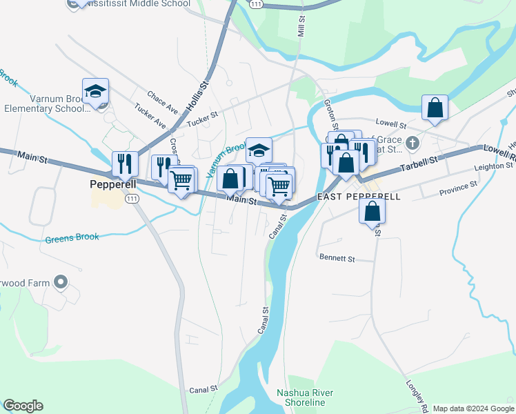 map of restaurants, bars, coffee shops, grocery stores, and more near 48 High Street in Pepperell