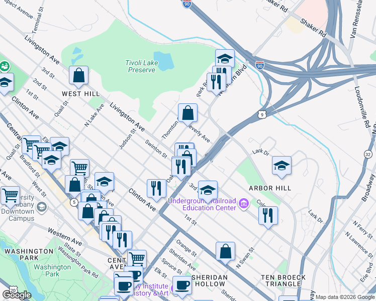 map of restaurants, bars, coffee shops, grocery stores, and more near 325 Livingston Avenue in Albany