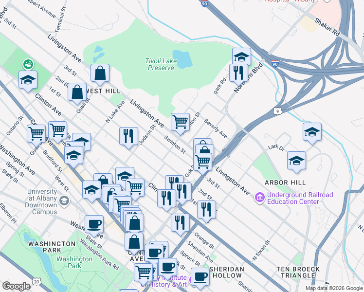 map of restaurants, bars, coffee shops, grocery stores, and more near 28 Swinton Street in Albany
