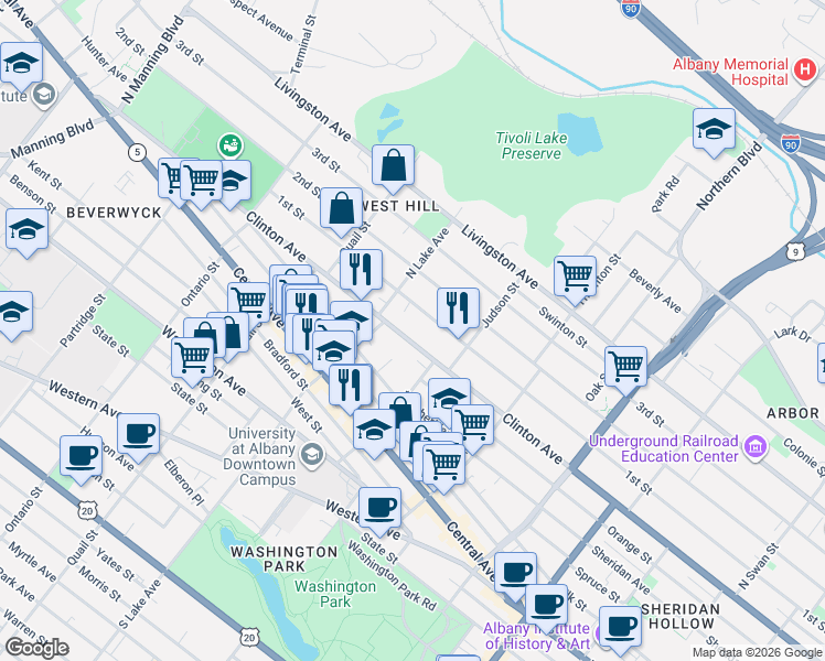 map of restaurants, bars, coffee shops, grocery stores, and more near 522 Clinton Avenue in Albany