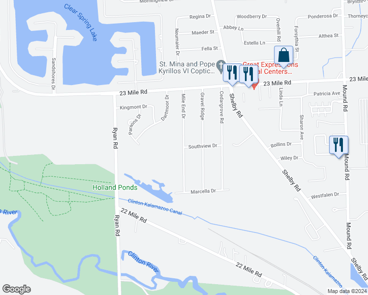 map of restaurants, bars, coffee shops, grocery stores, and more near 4401 Southview Drive in Shelby charter Township