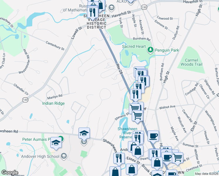 map of restaurants, bars, coffee shops, grocery stores, and more near 36 Smithshire Estates in Andover