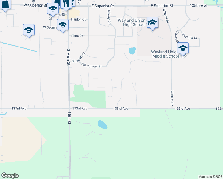 map of restaurants, bars, coffee shops, grocery stores, and more near 921 133rd Avenue in Wayland