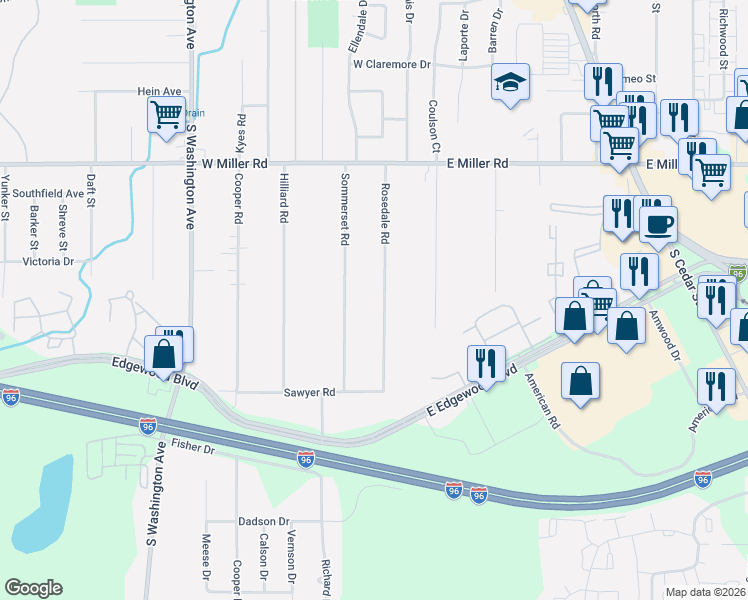 map of restaurants, bars, coffee shops, grocery stores, and more near 6408 Rosedale Road in Lansing