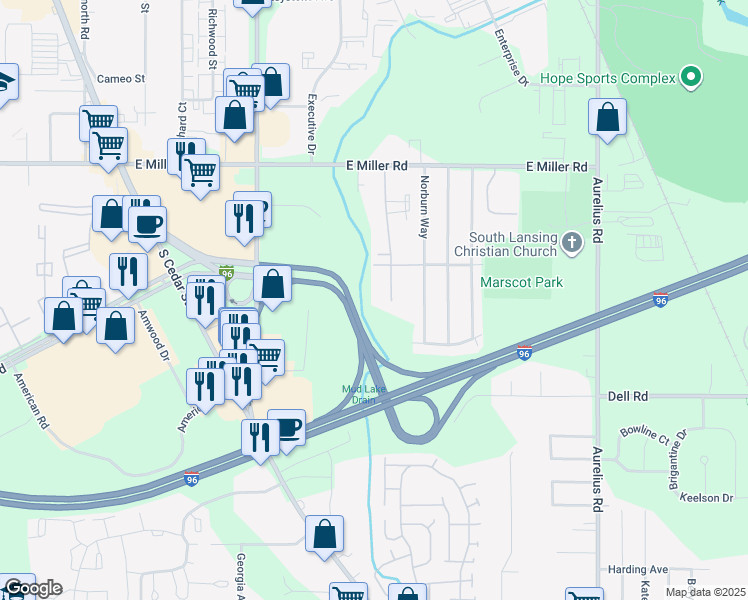 map of restaurants, bars, coffee shops, grocery stores, and more near 6346 Beechfield Drive in Lansing