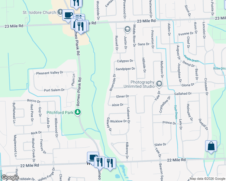 map of restaurants, bars, coffee shops, grocery stores, and more near 18919 Elmer Drive in Macomb
