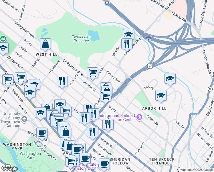 map of restaurants, bars, coffee shops, grocery stores, and more near 325 Livingston Avenue in Albany