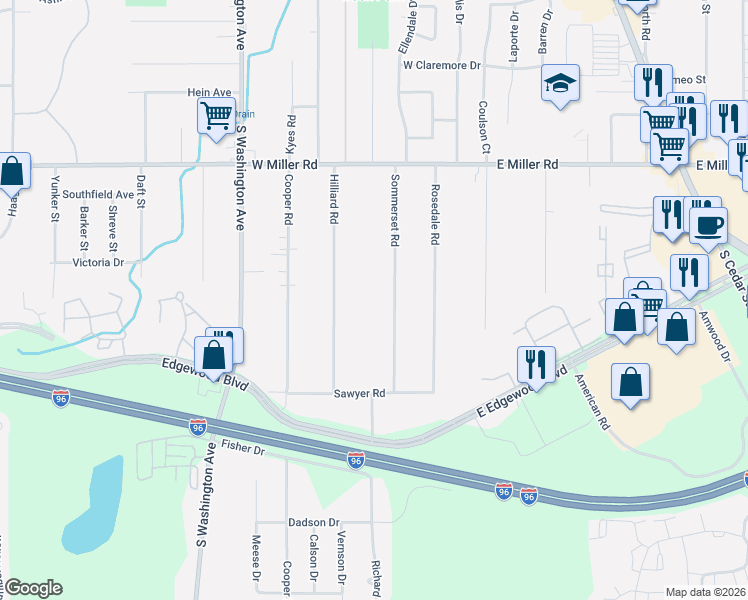 map of restaurants, bars, coffee shops, grocery stores, and more near 6406 Sommerset Road in Lansing