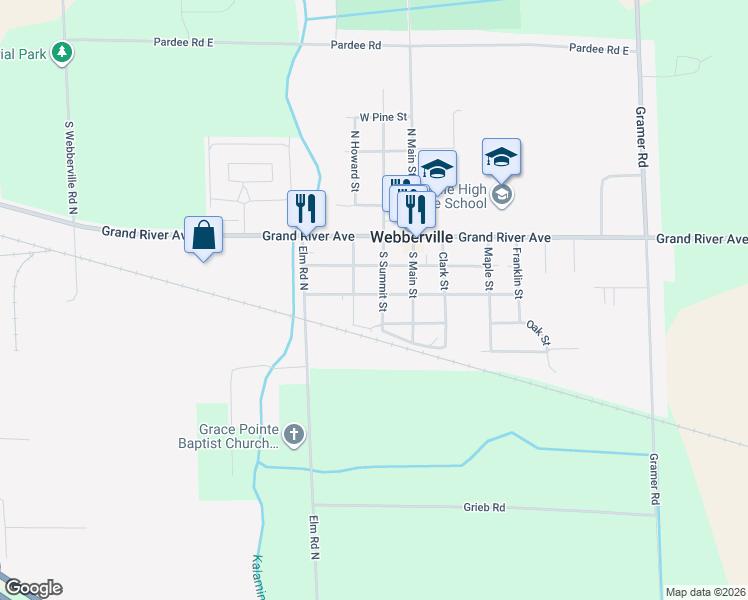map of restaurants, bars, coffee shops, grocery stores, and more near 319 South Summit Street in Webberville