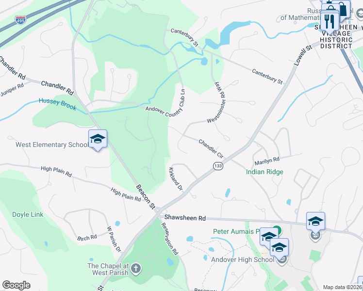 map of restaurants, bars, coffee shops, grocery stores, and more near 7 Farnham Circle in Andover