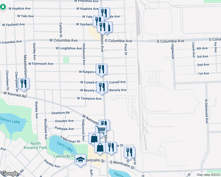 map of restaurants, bars, coffee shops, grocery stores, and more near 25 East Beverly Avenue in Pontiac