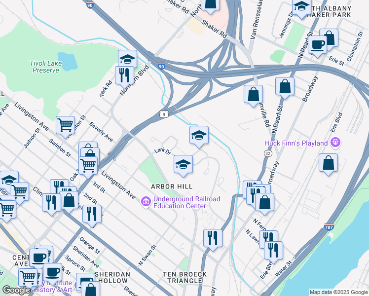 map of restaurants, bars, coffee shops, grocery stores, and more near 71a Dudley Place East in Albany