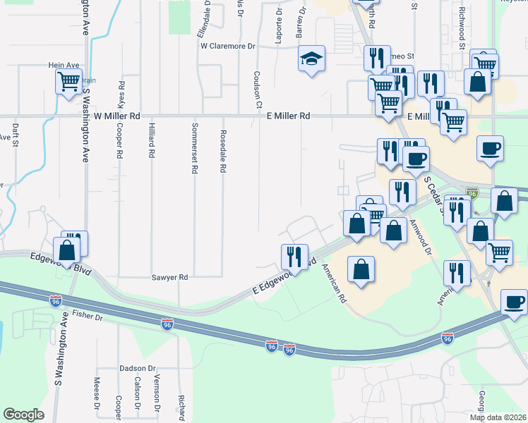 map of restaurants, bars, coffee shops, grocery stores, and more near 6409 Coulson Court in Lansing
