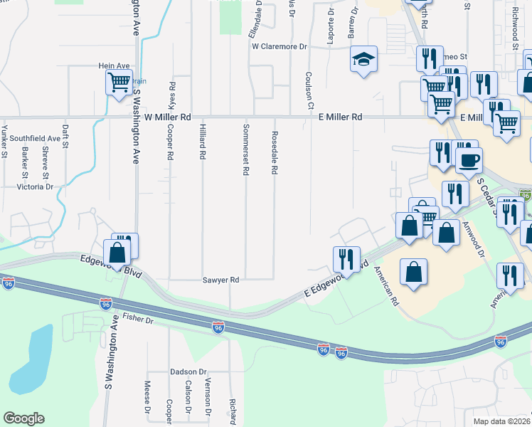 map of restaurants, bars, coffee shops, grocery stores, and more near 6408 Rosedale Road in Lansing