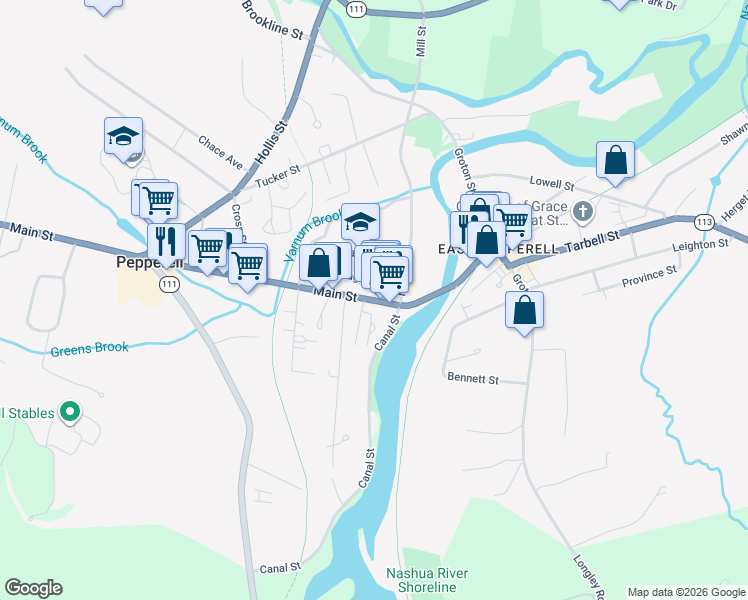 map of restaurants, bars, coffee shops, grocery stores, and more near 108 Main Street in Pepperell