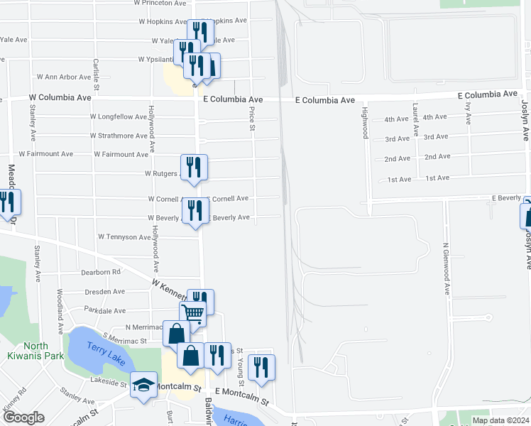 map of restaurants, bars, coffee shops, grocery stores, and more near 105 East Beverly Avenue in Pontiac