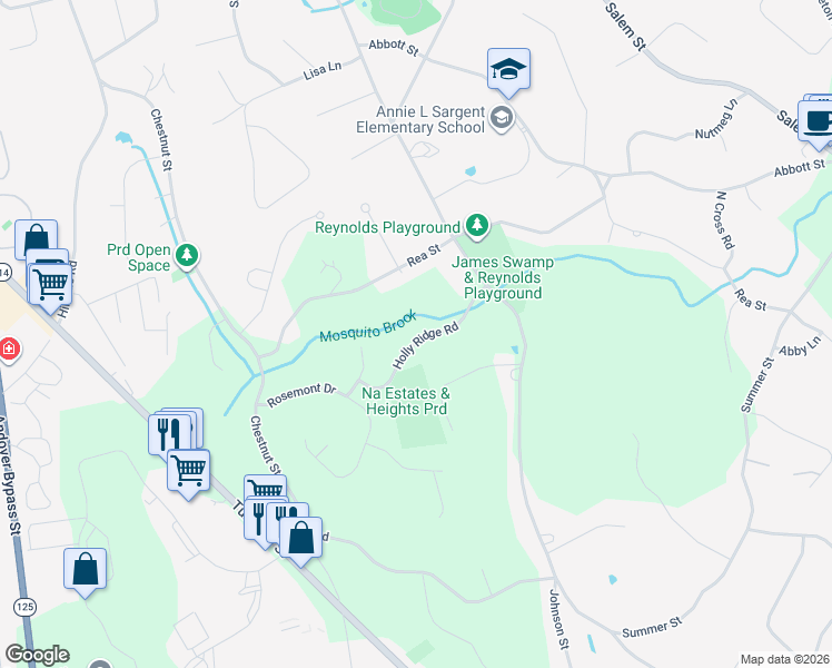 map of restaurants, bars, coffee shops, grocery stores, and more near 85 Holly Ridge Road in North Andover