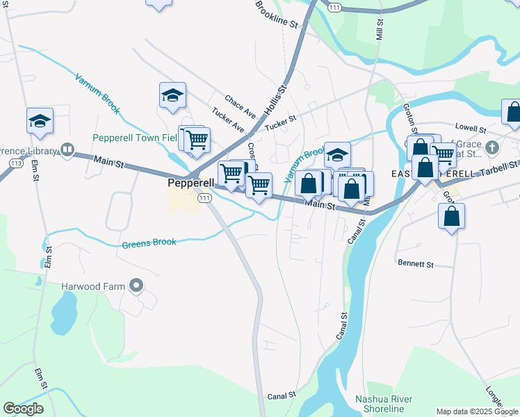 map of restaurants, bars, coffee shops, grocery stores, and more near 73 Main Street in Pepperell
