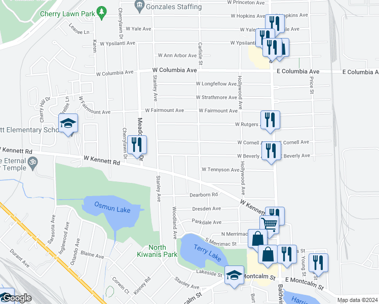 map of restaurants, bars, coffee shops, grocery stores, and more near 200 West Beverly Avenue in Pontiac