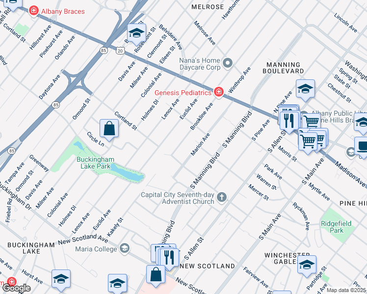 map of restaurants, bars, coffee shops, grocery stores, and more near 48 Marion Avenue in Albany