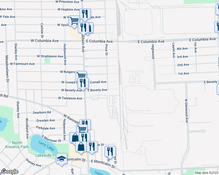 map of restaurants, bars, coffee shops, grocery stores, and more near 93 East Beverly Avenue in Pontiac