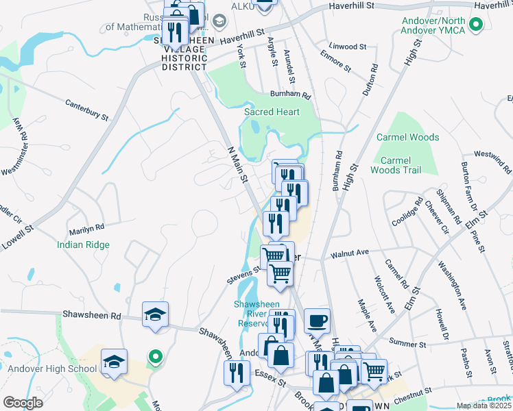 map of restaurants, bars, coffee shops, grocery stores, and more near 4 Washington Park Drive in Andover