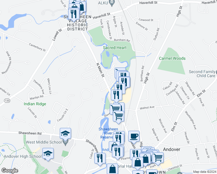 map of restaurants, bars, coffee shops, grocery stores, and more near 9 Washington Park Drive in Andover