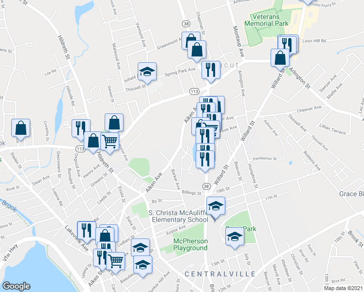 map of restaurants, bars, coffee shops, grocery stores, and more near 345 Aiken Avenue in Lowell
