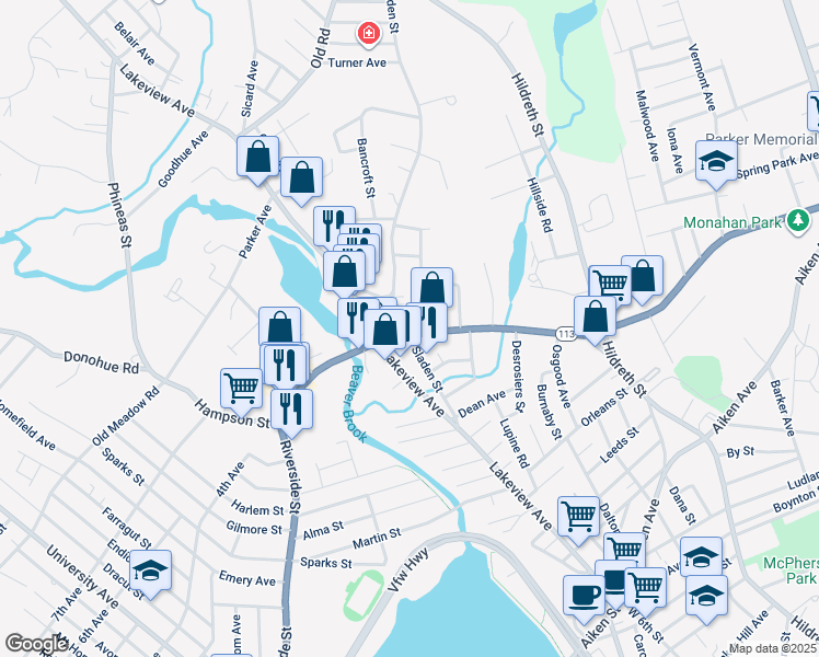 map of restaurants, bars, coffee shops, grocery stores, and more near 76 Sladen Street in Dracut