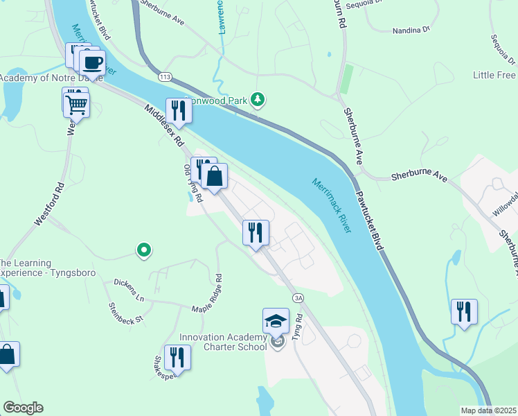 map of restaurants, bars, coffee shops, grocery stores, and more near 17 Caroline Way in Tyngsborough