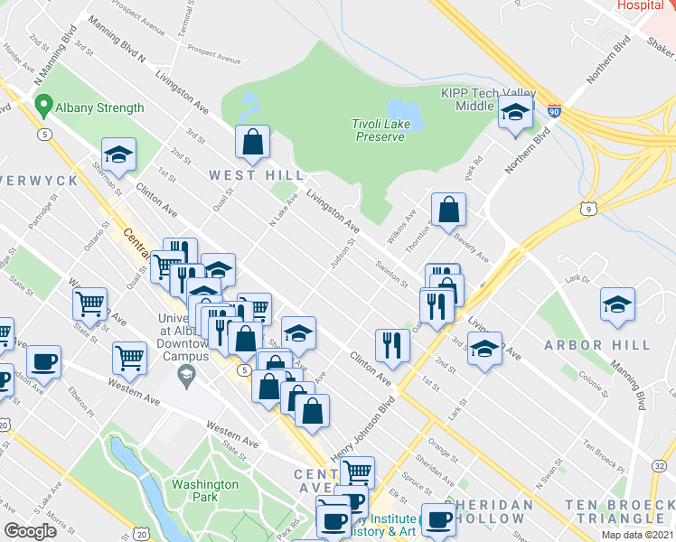 map of restaurants, bars, coffee shops, grocery stores, and more near 305 2nd Street in Albany