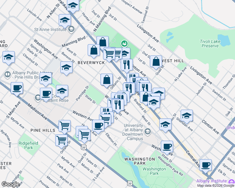 map of restaurants, bars, coffee shops, grocery stores, and more near 537 Washington Avenue in Albany