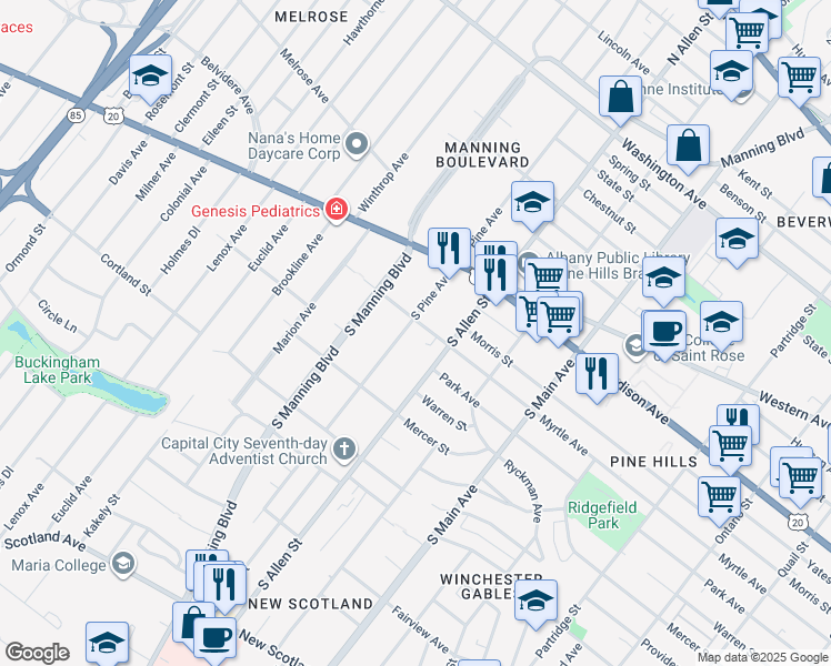 map of restaurants, bars, coffee shops, grocery stores, and more near 73 South Pine Avenue in Albany