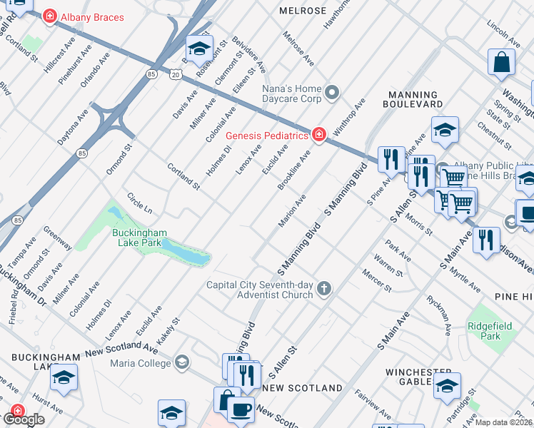 map of restaurants, bars, coffee shops, grocery stores, and more near 48 Marion Avenue in Albany