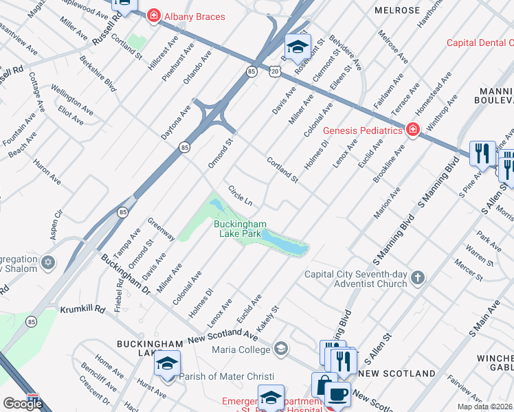 map of restaurants, bars, coffee shops, grocery stores, and more near 9 Circle Lane in Albany
