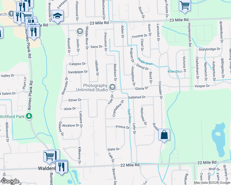 map of restaurants, bars, coffee shops, grocery stores, and more near 19584 Gallahad Drive in Macomb