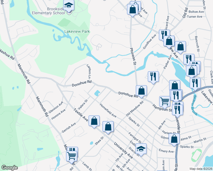 map of restaurants, bars, coffee shops, grocery stores, and more near 115 Donohue Road in Dracut